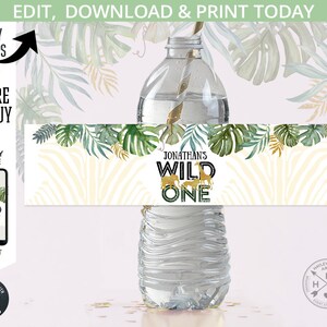 Étiquettes de bouteille d'eau de la jungle modifiables animaux dorés safari sauvage un premier anniversaire d'éléphant de verdure. Modèle en ligne. 040HPA 12 201HPA