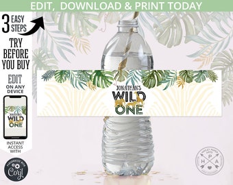 EDITABLE Jungle water bottle labels gold animals safari wild one greenery first boy elephant birthday. Online template. 040HPA 12 201HPA