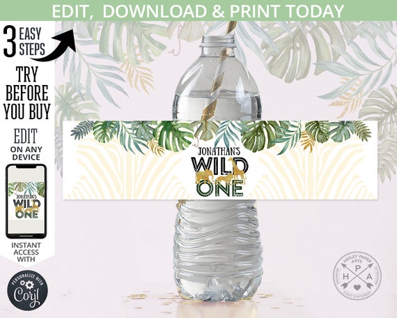 EDITABLE Jungle water bottle labels gold animals safari wild one greenery first boy elephant birthday. Online template. 040HPA 12 201HPA Il_570xn