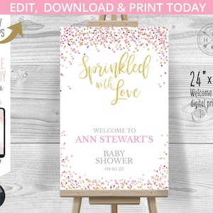 Sprinkled with love gold glitter confetti welcome sign baby sprinkle shower party poster 24x36 guestbook board. Editable printable 039HPA 24
