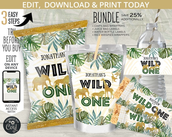 BUNDLE Jungle Wild One chips bag, juice bags labels, safari rice krispies wrappers, treats pouch first birthday. Online template. 040HPA 44 Il_570xn