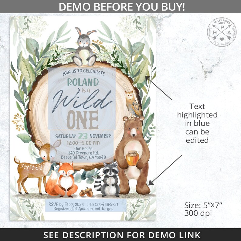 May include: A woodland-themed first birthday party invitation featuring a brown bear, a fox, a deer, a raccoon, and an owl. The invitation is for Roland's Wild One party and includes the date, time, and location. The text is highlighted in blue.