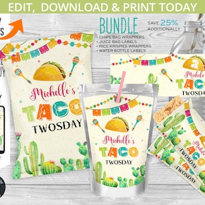 BUNDLE Taco twosday chips bag, juice bags, rice krispies, water labels, girl two favor pack, second birthday. Editable printable. 116HPA 44