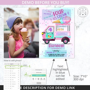 May include: A digital invitation for a 4th birthday party with an ice cream truck theme. The invitation features a pink and blue ice cream truck with a watercolor effect. The text on the invitation reads "Four Ice Cream" and "Join us for a sweet celebration". The invitation also includes the child's name, age, and party details.