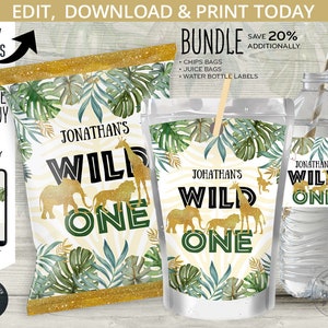 May include: A bundle of party supplies with a jungle theme, featuring the text "Jonathan's Wild One." Includes chip bags, juice bags, and water bottle labels. The design incorporates gold animal silhouettes and tropical leaves.