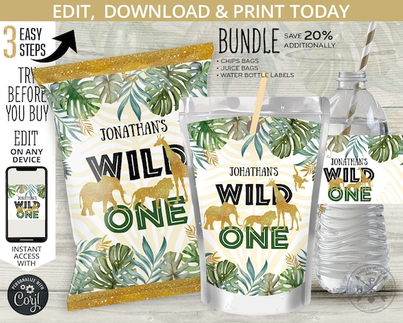 BUNDLE Jungle Wild One chips bag, juice bags, safari water bottle labels, snacks treat chips pouch first birthday. Online template 040HPA 40 Il_570xn