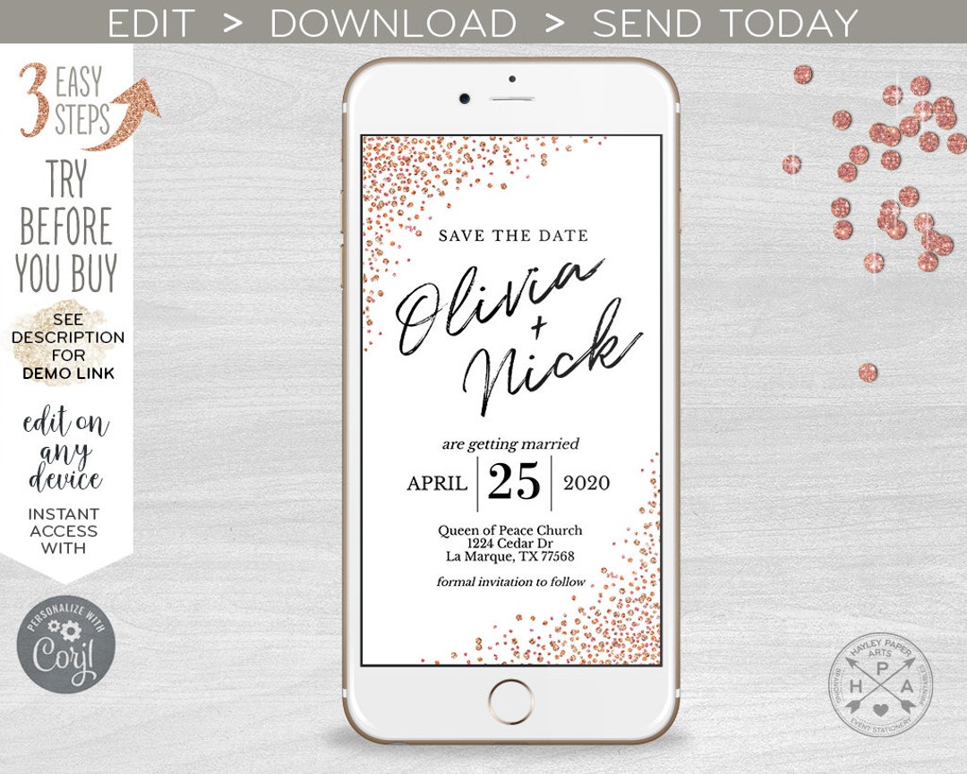 Save the Date Electronic Invitation Rose Gold Confetti - Etsy