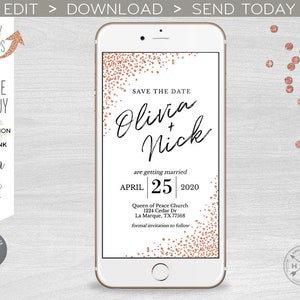 Save the Date elektronische uitnodiging rose gouden confetti smartphone e-vite, sms digitale uitnodiging. Directe toegang tot de sjabloon. 400 pk E11