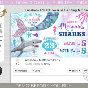 Mermaids & Sharks Facebook EVENT cover social media banner under the sea joint party purple pink blue turquoise. EDITABLE template. F062