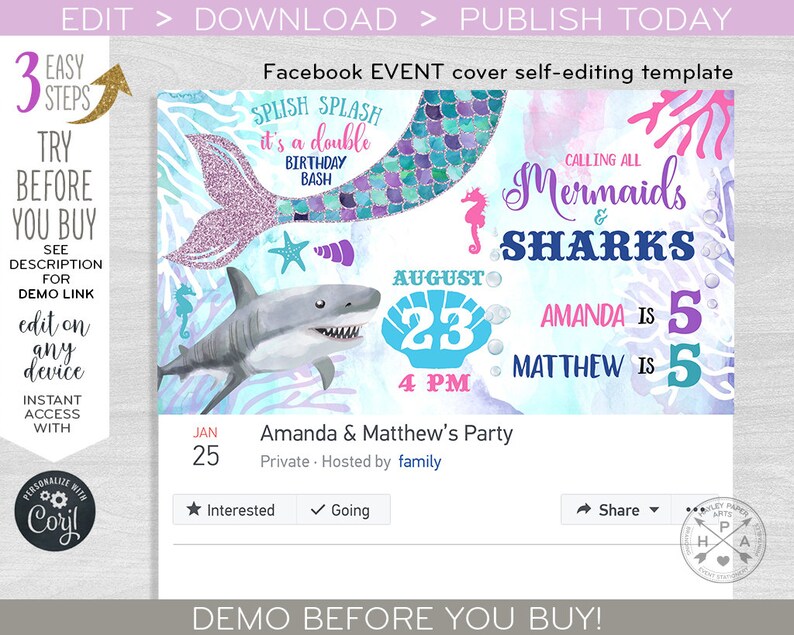 K&ouml;nnte beinhalten: Facebook-Event-Cover-Vorlage f&uuml;r eine Geburtstagsparty zum Thema Meerjungfrau und Hai. Die Vorlage zeigt einen Meerjungfrauen-Schwanz, einen Hai und den Text "Calling all Mermaids & Sharks". Das Datum ist der 23. August um 16:00 Uhr. Die Namen Amanda und Matthew sind enthalten, sowie das Alter "5".