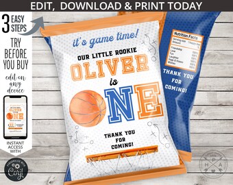 Basketball chips bag ONE first birthday 1st party ball sports game time favor pack snacks pouch wrapper. Editable printable. 218HPA 30 B