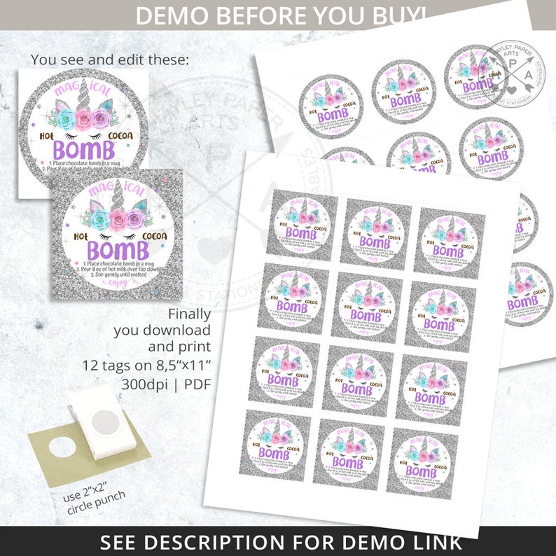 Unicorn hot chocolate bomb tag or sticker. Printable magical cocoa favor tags round silver glitter square 2x2 Editable template 303HPA 064 E image 5