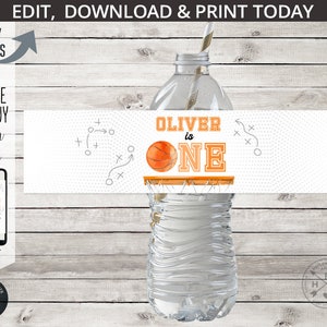 Basketball ONE premier anniversaire étiquette de bouteille d'eau sports games boy 1st party rookie ball bottle wrapper. Imprimable modifiable. 218HPA 12A