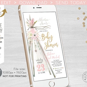 May include: A pink and gold baby shower invitation with a teepee design and the text "Adventure Awaits" and "Join us for a Baby Shower". The invitation is for Stephanie and Michael and is set for Saturday, April 23rd from 2-4 PM.
