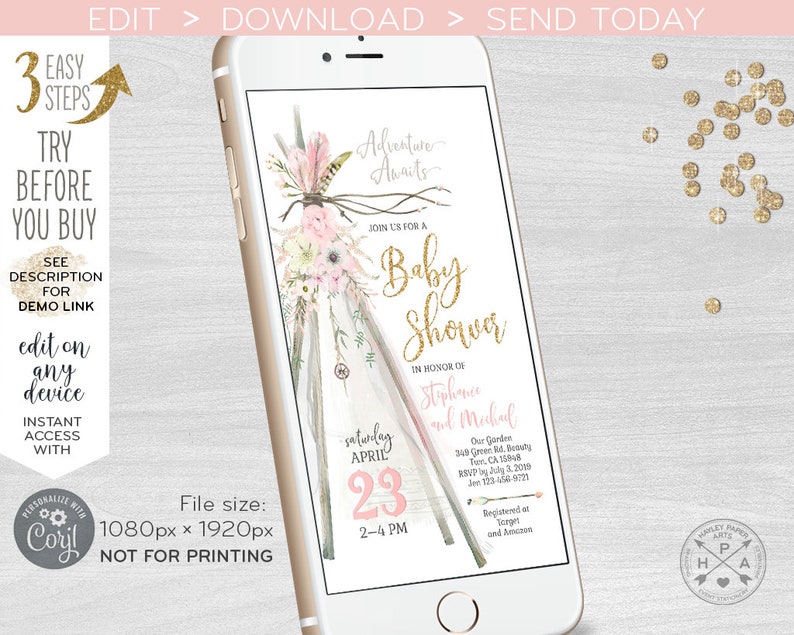 May include: A pink and gold baby shower invitation with a teepee design and the text "Adventure Awaits" and "Join us for a Baby Shower". The invitation is for Stephanie and Michael and is set for Saturday, April 23rd from 2-4 PM.