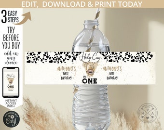 May include: Printable water bottle label featuring a Highland cow with the text "Holy Cow, I'm One" and "Anthony's First Birthday" in gold lettering. The label has a black and white cow print pattern.
