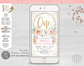 May include: A digital invitation for a first birthday party with a pink and gold color scheme. The invitation features a dreamcatcher with a floral design and the text "One" in gold glitter. The text "Join us to celebrate Adriana's first birthday" is also included, along with the date and time of the party.