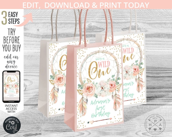 Dreamcatcher Wild One birthday small paper bag gift labels. Boho handle favor takeway label. Instant access to editable template 122HPA 25 B Il_570xn
