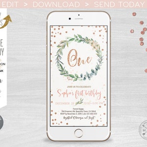 May include: A digital invitation for a first birthday party with a gold glitter one and a floral wreath on a white background with rose gold confetti. The text reads "Join us to celebrate Sophia's first birthday, December 23, 12:00-5:00 PM, Forest Hygge, 348 Greenery Rd, Beautiful Town, CA 15948, RSVP by 3 November 2018, 123-456-9721, Registered at Target"