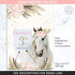 May include: A printable invitation for a 3rd birthday party featuring a watercolour illustration of a white horse with a pink floral crown. The text "Vanessa's 3rd Birthday" is included in the design.