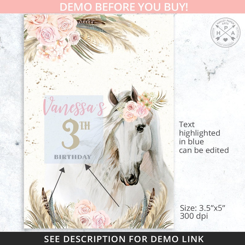 May include: A printable invitation for a 3rd birthday party featuring a watercolour illustration of a white horse with a pink floral crown. The text "Vanessa's 3rd Birthday" is included in the design.