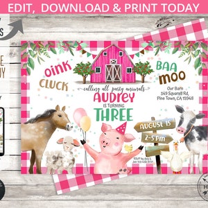 Farm animals invitation girl pink barn party cow, pig, sheep, cowgirl cowboy country rodeo. Printable editable template. Digital. 150HPA 02 image 1