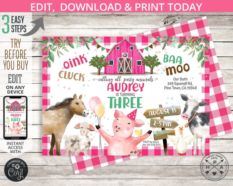 Farm animals invitation girl pink barn party cow, pig, sheep, cowgirl cowboy country rodeo. Printable editable template. Digital. 150HPA 02 image 1