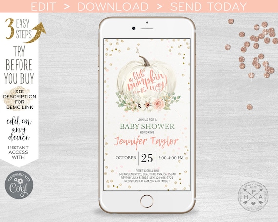 White little pumpkin electronic baby shower fall invitation blush pink smartphone e-vite, digital invite. Selfediting. 400HPA E002 01 002HPA Il_570xn