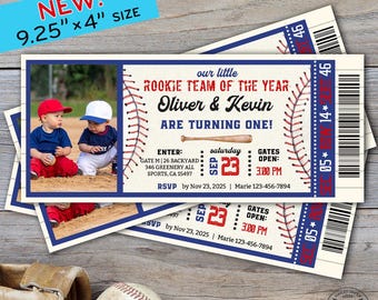 Baseball ticket invitation twins first birthday ONE navy blue red boys party rookies of year sports ball game. Editable design. 191HPA 44 K