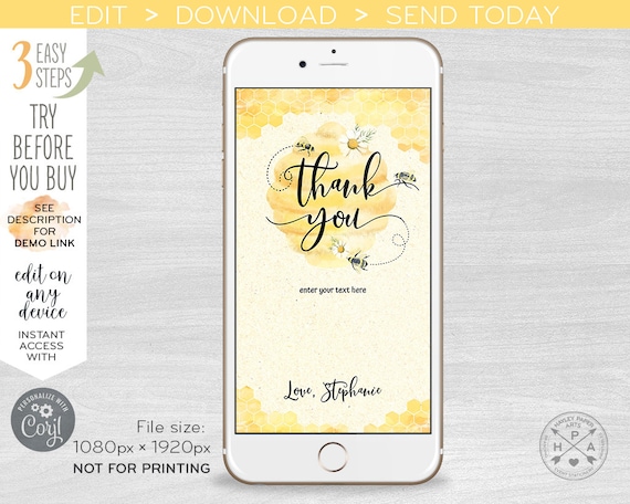 Bee Thank you electronic card birthday or shower beehive honeycomb honey smartphone e-vite thanks e-card digital E049 07 049HPA E059 Il_570xn