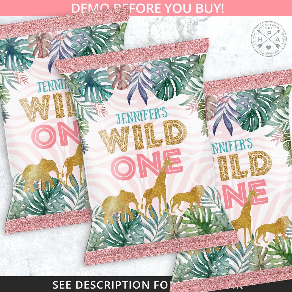 BUNDLE Jungle Girl Wild One Chips Bag, Juice Bags, Safari Water Bottle ...