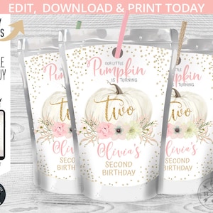 Little Pumpkin juice bag label, capri juice bags, juice pouch, pink pastel gold, second birthday girl party editable template. 083HPA 22 C