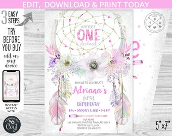 May include: A printable 5" x 7" invitation for a first birthday party. The invitation features a pink and white dreamcatcher with feathers and flowers. The text on the invitation reads "Winter One Derland" and "Adriana's First Birthday".