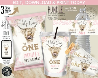 BUNDLE Holy cow I'm ONE highland cow chips bag, rice krispies, water bottle juice labels, party favors. Editable printables. 209HPA 56