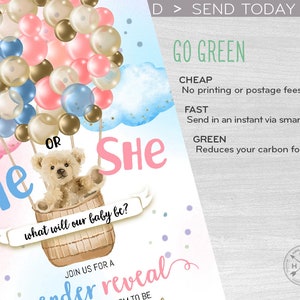 Bear balloons gender reveal baby electronic shower party hot air balloon invitation he she smartphone e-vite digital invite. E195 01 195HPA image 4