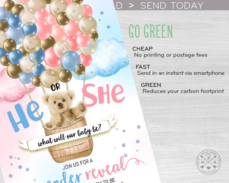 Bear balloons gender reveal baby electronic shower party hot air balloon invitation he she smartphone e-vite digital invite. E195 01 195HPA image 4