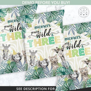 May include: Three printable favor bags with a jungle theme. The bags feature a zebra, giraffe, and elephant with the text "Young Wild & Three" and the name "Michael's".