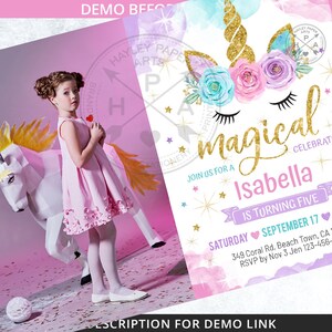 May include: A girl in a pink dress stands near a paper unicorn and a birthday invitation. The invitation features a unicorn design with gold accents and the words "magical" and "Isabella is turning five."