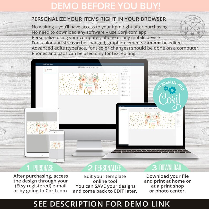 May include: A digital design template for a banner with a watercolor floral design and gold glitter. The banner says "Boho Wild One". The design can be personalized using the Corjl.com app.