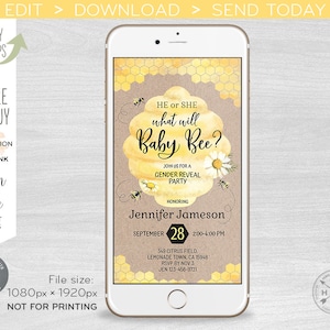 What will baby bee electronic gender reveal shower party invitation beehive honeycomb smartphone e-vite digital invite 400HPA E049 03 049HPA