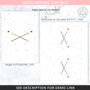 Op de afbeelding: Twee printbare ontwerpen voor een kaart met gekruiste pijlen met roze en witte veren op een witte achtergrond met roze stippen. De tekst "Two cards on US Letter 8.5"x11" | PDF" en "Single 5"x7" card file | JPG" is inbegrepen.