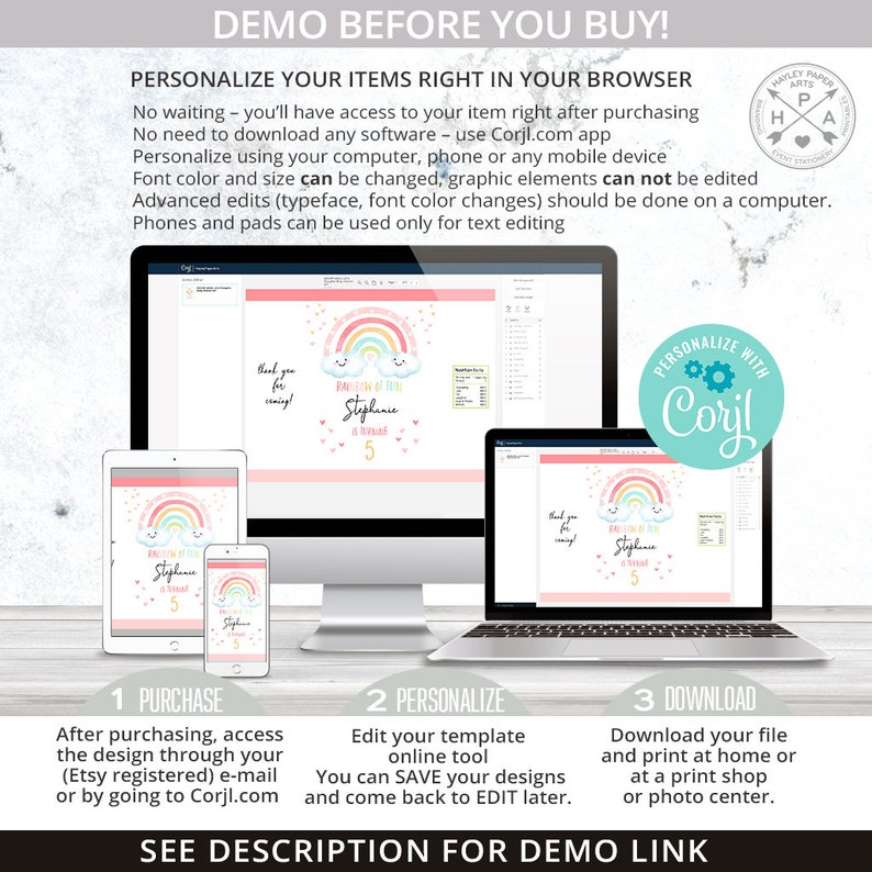 May include: A digital mockup of a printable rainbow-themed birthday party invitation. The invitation features a rainbow with clouds and the text "Rainbow & The" and "Stephanie is Turning 5". The invitation is displayed on a computer screen with a pink background. The text "Personalize with Corjl" is displayed in a circle with a gear icon.