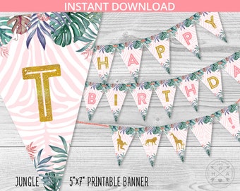 Happy Birthday banner jungle safari animals wild one first birthday girl 1st party garland pink gold. DIY instant download. 041HPA 14 D