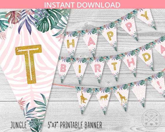 Happy Birthday banner jungle safari animals wild one first birthday girl 1st party garland pink gold. DIY instant download. 041HPA 14 D Il_570xn