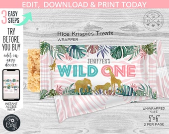 Etiqueta de envoltorio de golosinas krispies de arroz Jungle wild one, etiqueta de envoltorio de animales de safari, favores del primer cumpleaños, golosina crujiente krispy. Plantilla editable. 041HPA 37B