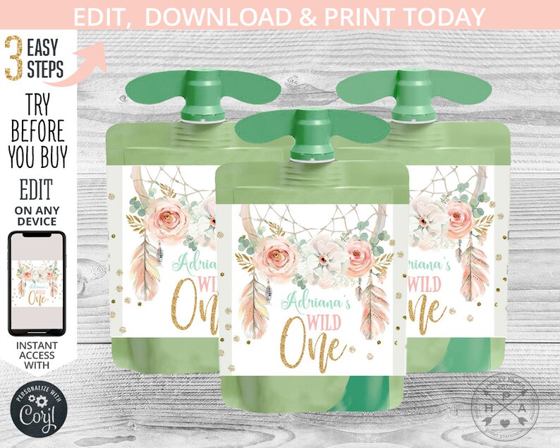 May include: Three green and white pouches with a gold glitter design. The pouches have a floral design with a dreamcatcher and feathers. The text on the pouches reads "Adriana's Wild One".