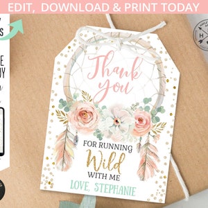 Dreamcatcher wild Thank you favor tag first birthday party girl pink boho gold. EDITIERBARE druckbare Tags. 122HPA 07 B 035HPA