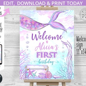 May include: A printable welcome sign for a first birthday party with a mermaid theme. The sign features a purple and blue mermaid tail, a treasure chest, seashells, and the text "Welcome to Alicia's First Birthday".