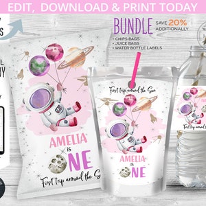 BUNDLE Outer space chips bag, juice label, water bottle, snacks treats favor wrapper ONE girl galaxy birthday. Editable printable. 154HPA 41