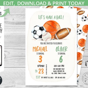 Let's have a ball joint birthday invitation balls all stars boys party invite double game activities party. Editable card design. 204HPA 08